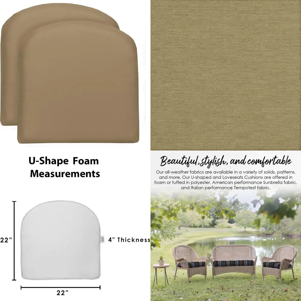

u-shape wicker foam seat cushions set, large tan, indoor/outdoor use, made in usa