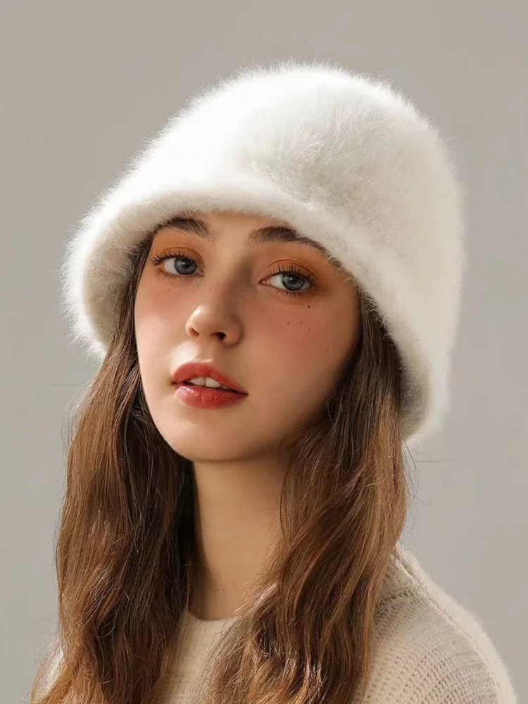 New Winter Plush Fur Hat Korean Solid Color Rabbit Hair Warm Bucket Hat Women's Hat Fashion Versatile Outdoors Soft Dome Caps