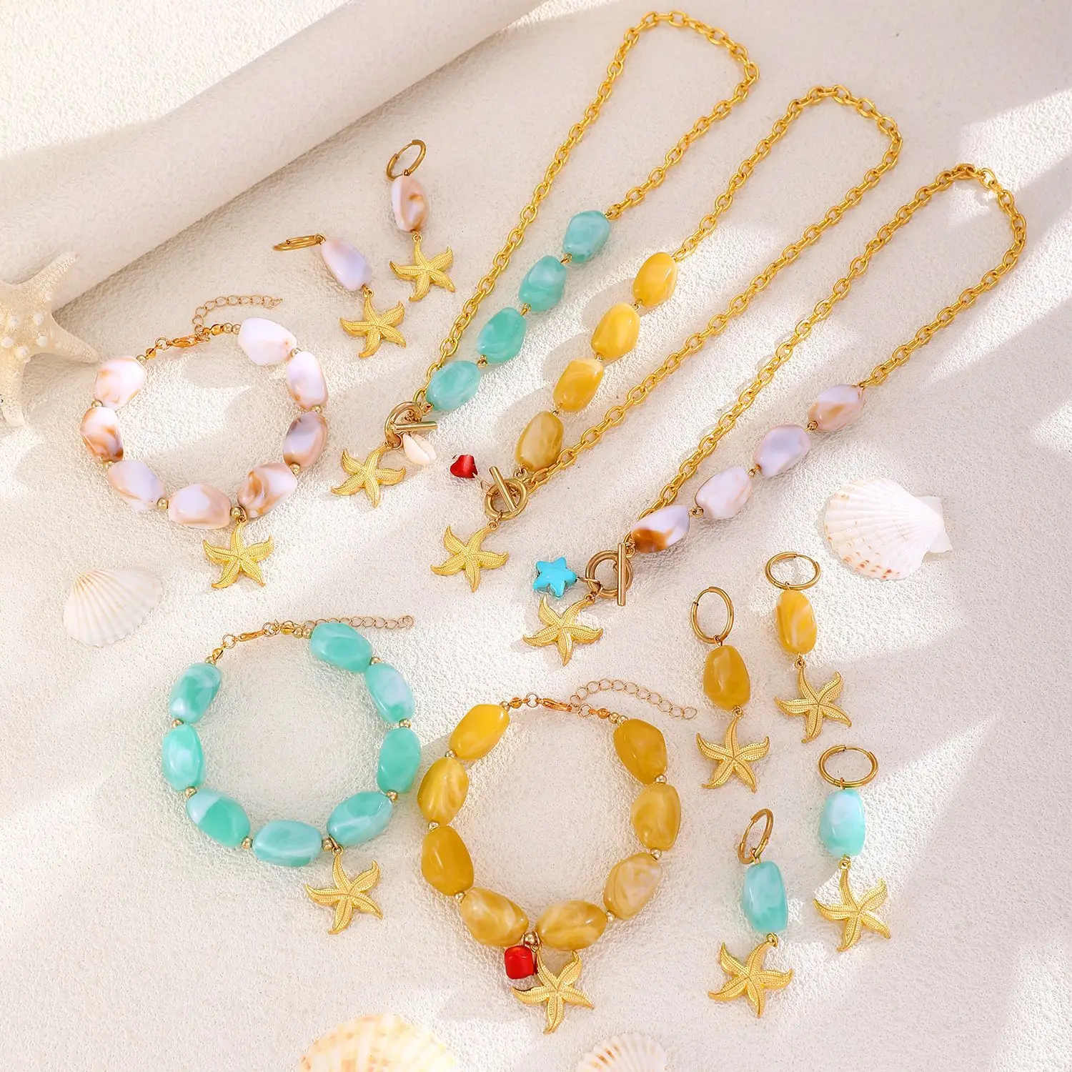 المحيط نمط نجم البحر قلادة الأصفر مطرز سلسلة قلادة أقراط سوار المرأة الشاطئ الصيف اكسسوارات البحر موضوع طقم مجوهرات #4