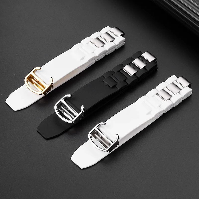 20mm x10mm Raised Black Replacement Silicone Rubber Watch Band For Cartier 21 Chronoscaph W10198U2 W10125U2 strap men bracelet