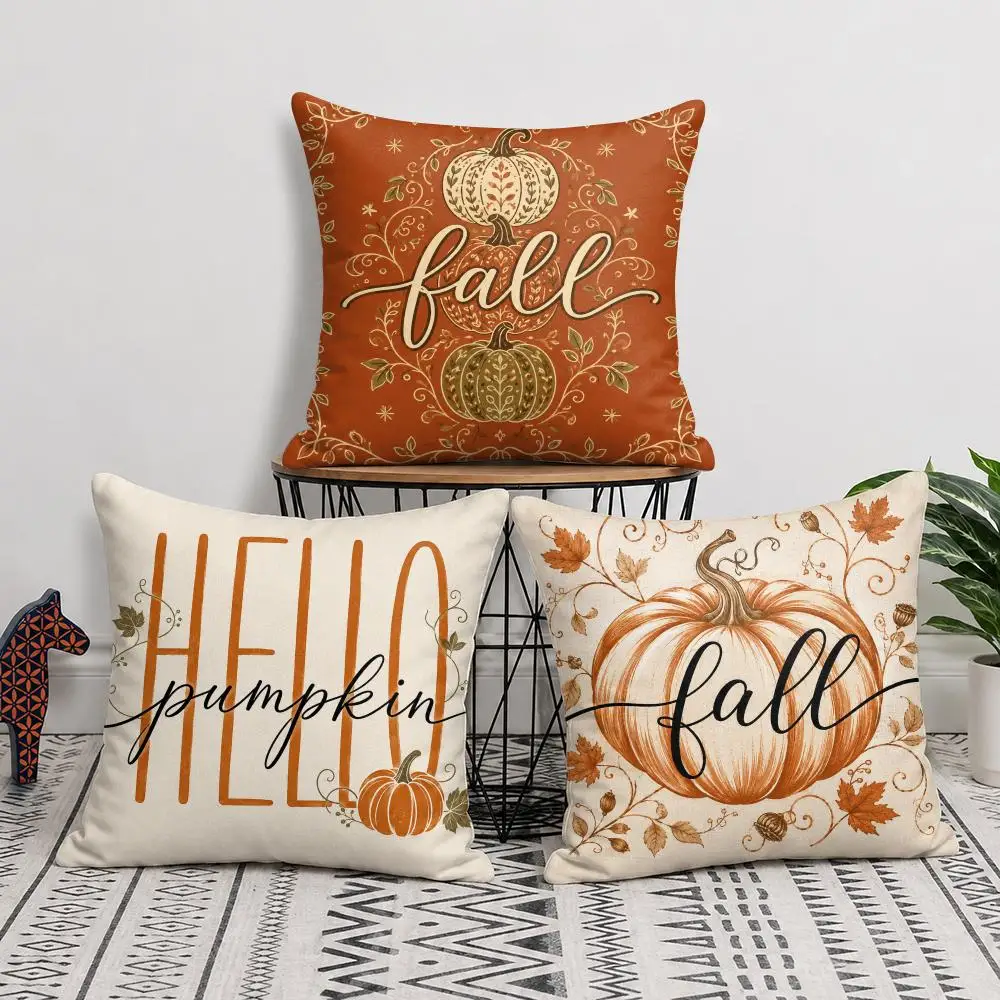 Hello Pumpkin Autumn Fall Theme Cushion Cover Soft Short Plush Throw Pillow Cover Cushion Case for Sofa Bedroom Home Decor Gift