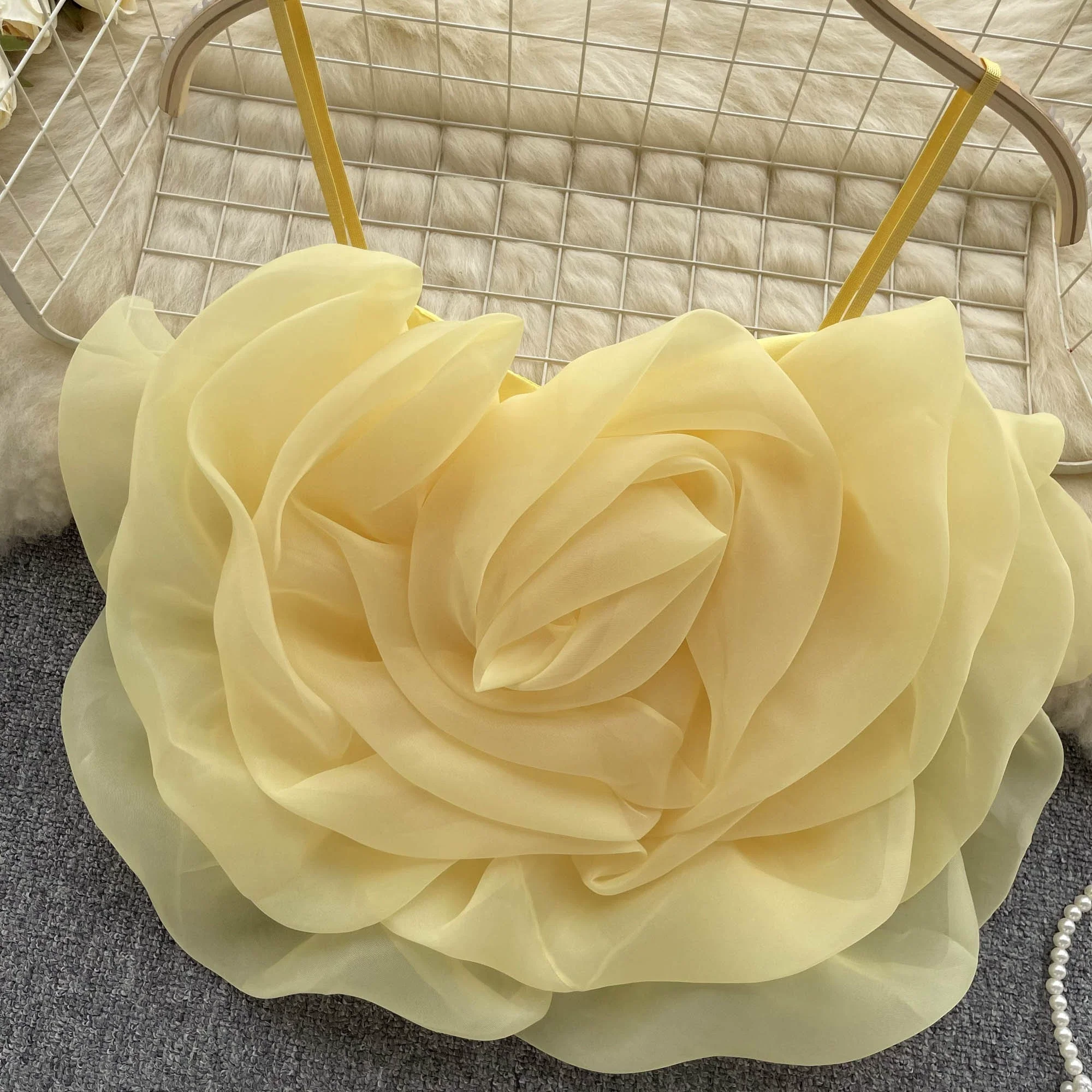Sweet Big Organza Flower Camisole Girls Stretchy Back Slim Above Navel Camis Crop Top Fashion Summer Clothing