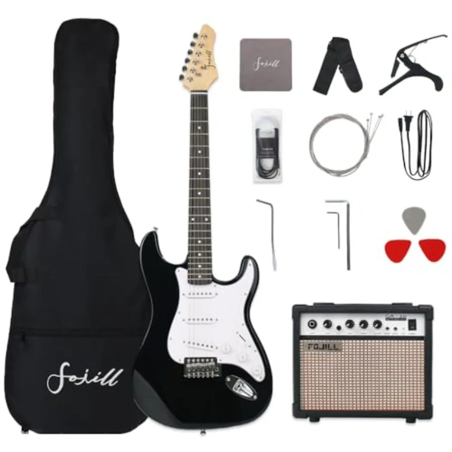 Beginner electric guitar kit for practice and learning: 39-inch body, basswood body, black finish, includes 20W amplifier, padd