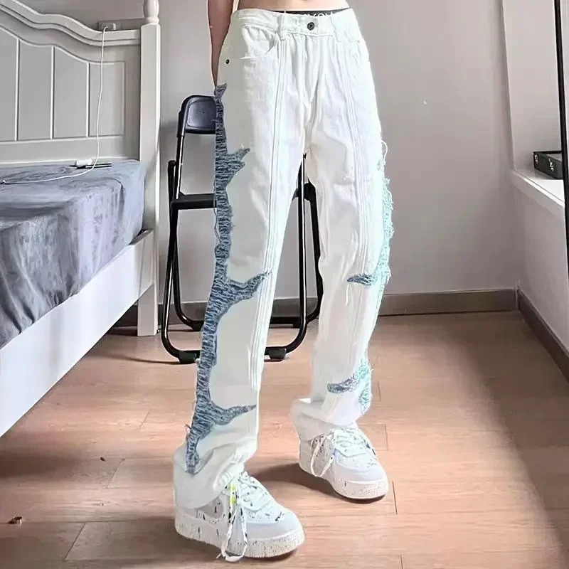 

Man Cowboy Pants Straight Designer White Men's Jeans Spliced Trousers Hip Hop Xs Y2k Streetwear Korean Fashion Denim Kpop Goth