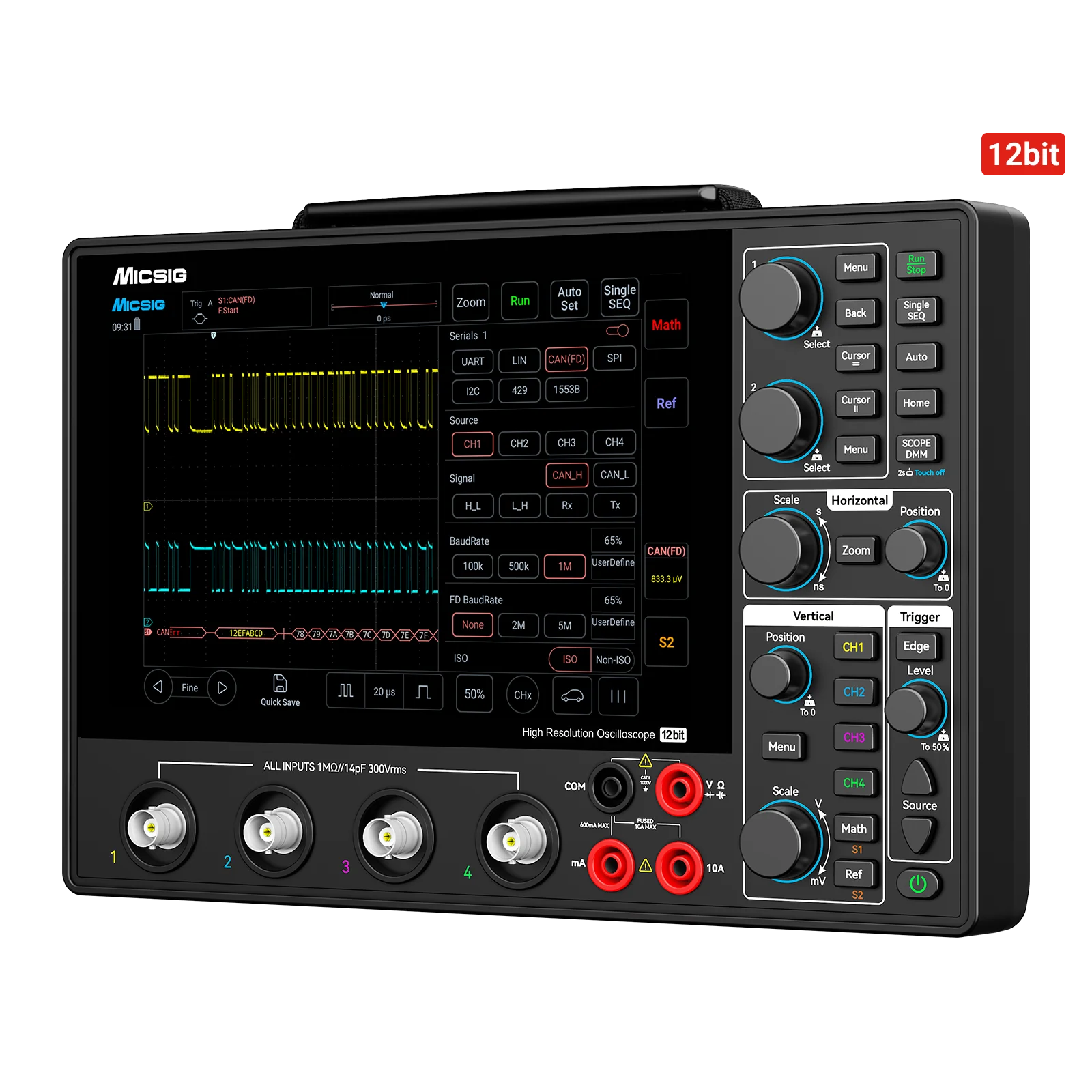 

Micsig AHO14 professional high resolution automotive oscilloscope 12bit , 200MHz bandwidth, 4Ch 1 GSa/s 110 Mpts