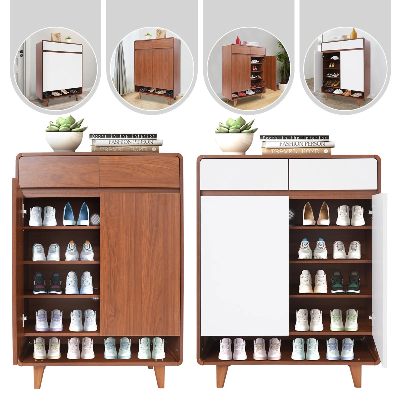 80cm Density Board Shoe Storage Cabinet,5 Tiers Tulipwood Color/Warm White Rectangular Shoes Organizer for Living Room