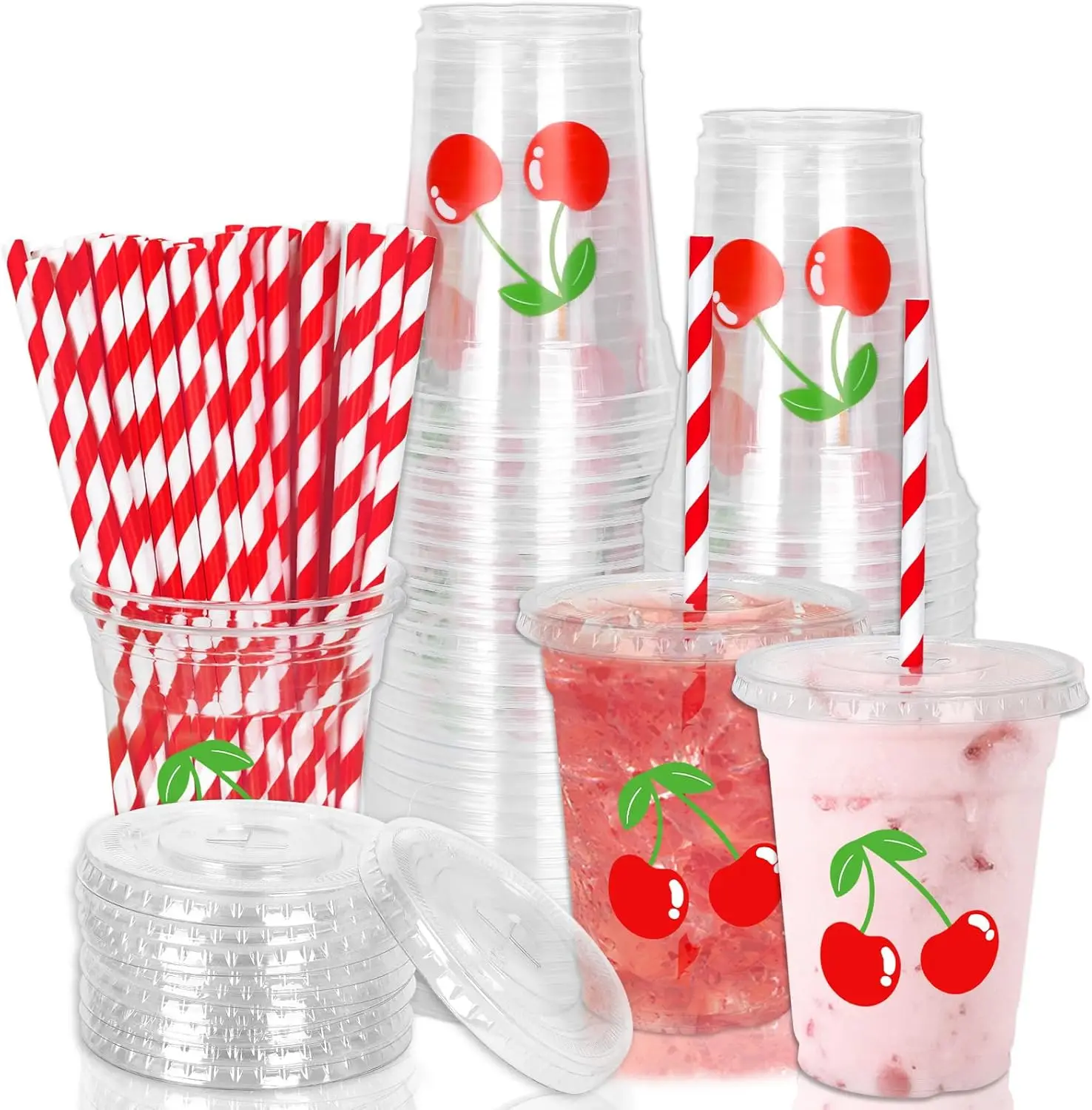 

50Pcs 12Oz Cherry Disposable Plastic Cups with Lids and Straws Cute Red Cherry Cold Beverage Drinking Cups for Birthday
