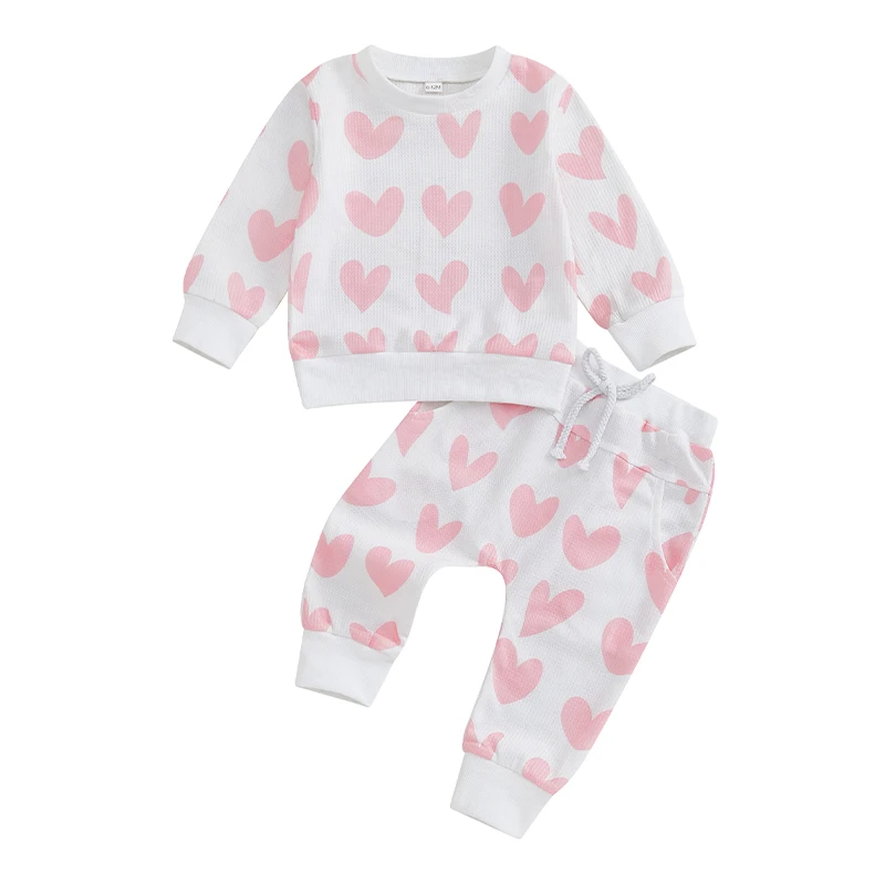 

Infant Toddler Girls Fall Outfits Love Heart Pattern Long Sleeve Crew Neck Sweatshirts with Pants Tops and Bottoms Sets