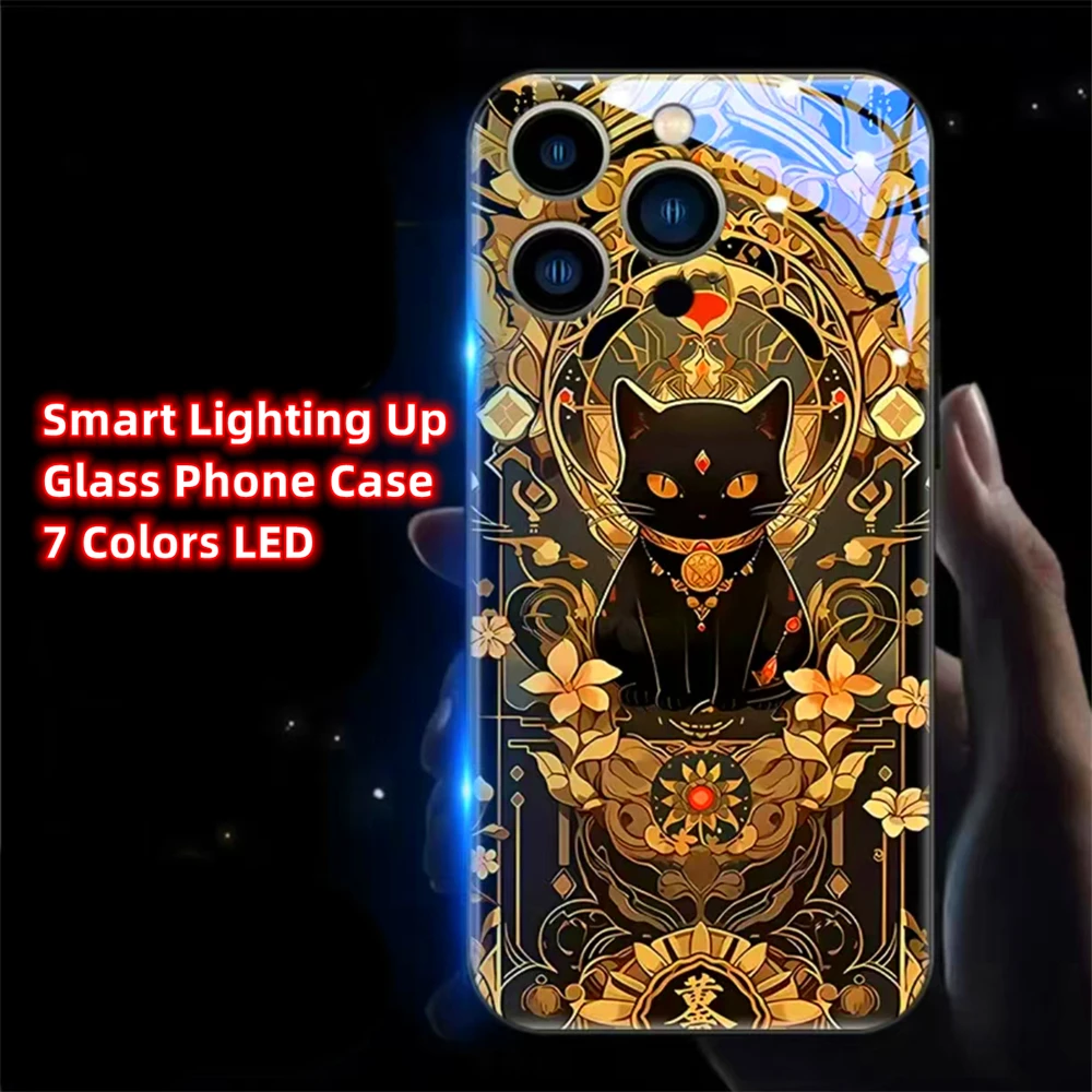 

Luxury Fortune Cat Design Smart LED Light Glow Tempered Glass Phone Case For iPhone 16 15 14 13 12 11 Pro Max X XS XR Plus SE