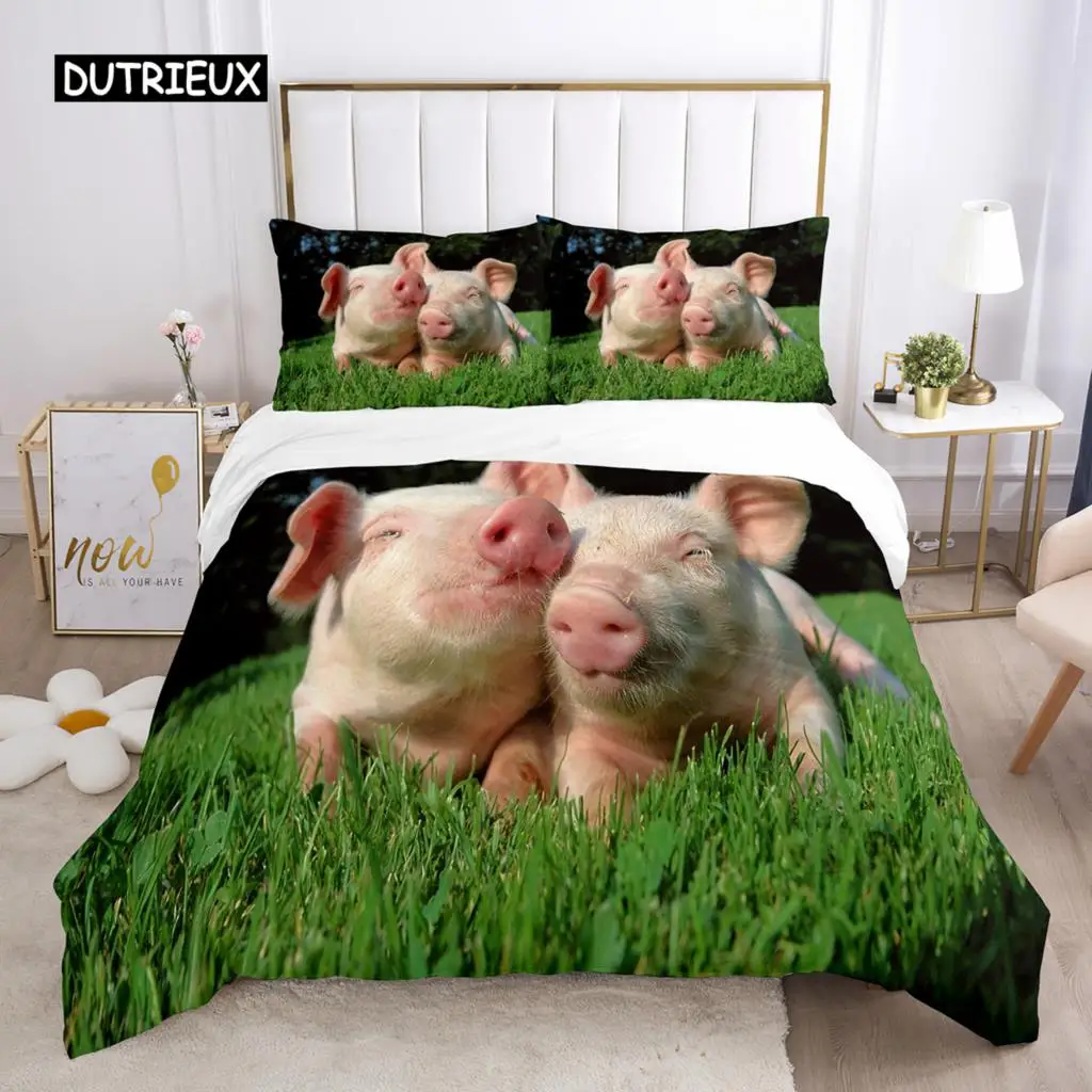 Pig Duvet Cover Set Queen Size Microfiber Cute Pig Animal Theme Twin Bedding Set Farm Animal 2/3pcs Quilt Cover for Boys Girls