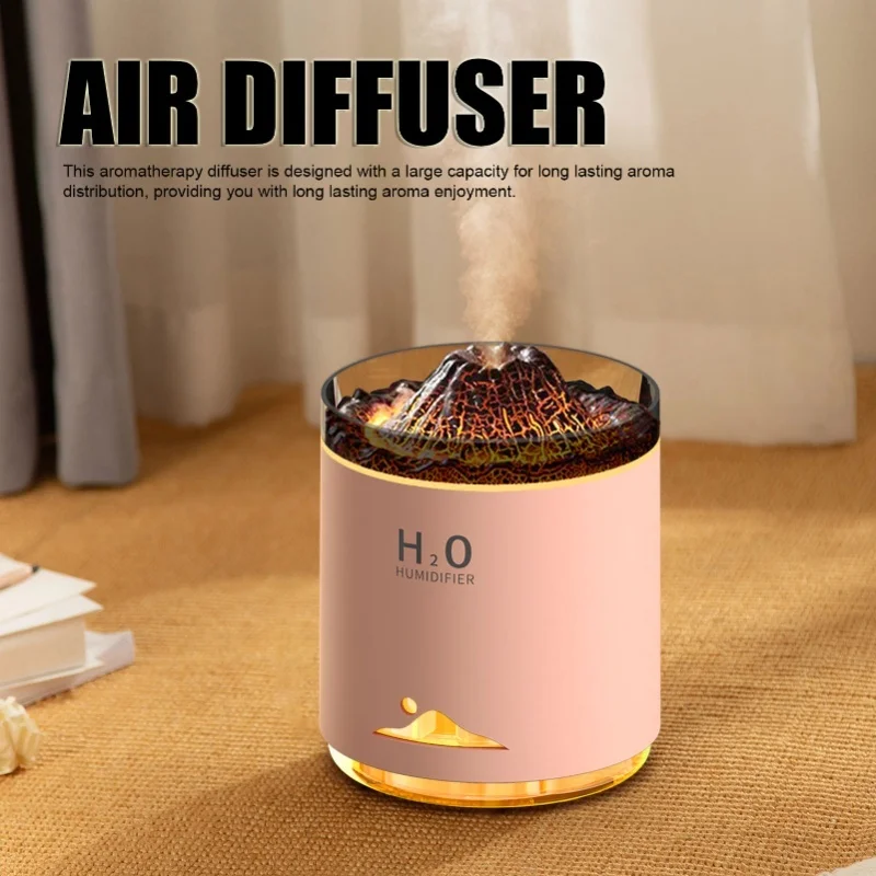 Colorful Volcano Essential Oil Diffuser Pink Large Capacity Night Light Aromatherapy Humidity Diffuser