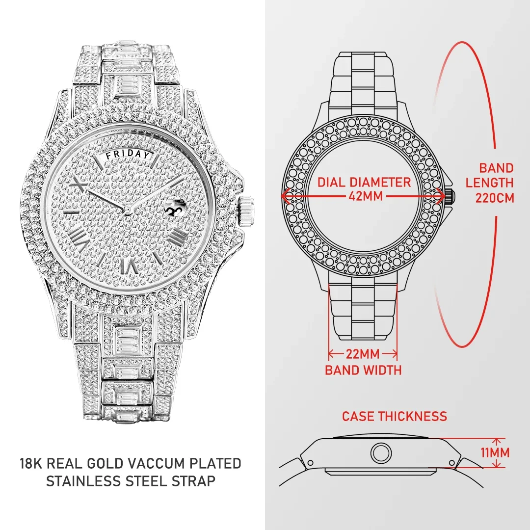 Original Brand Diamond Watches Mens Trendy Fashion Iced Out Bling Watch Hip Hop Style Stainless Steel Day Date Relojes Dropship