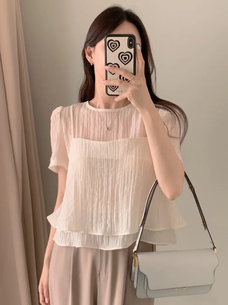 Soft Wind Chiffon Top Damen rund Ne Bubble Sve Texture Sensation Sommer Zweiteiliges Set Pendeln Sle ort Sve Inne...