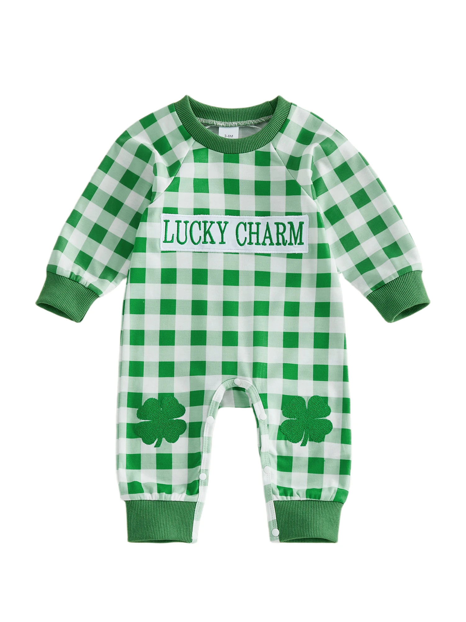 

Green Irish Baby Girl Romper with Long Sleeves and Round Neckline featuring Shamrock Embroidery - Adorable Infant Pajamas for