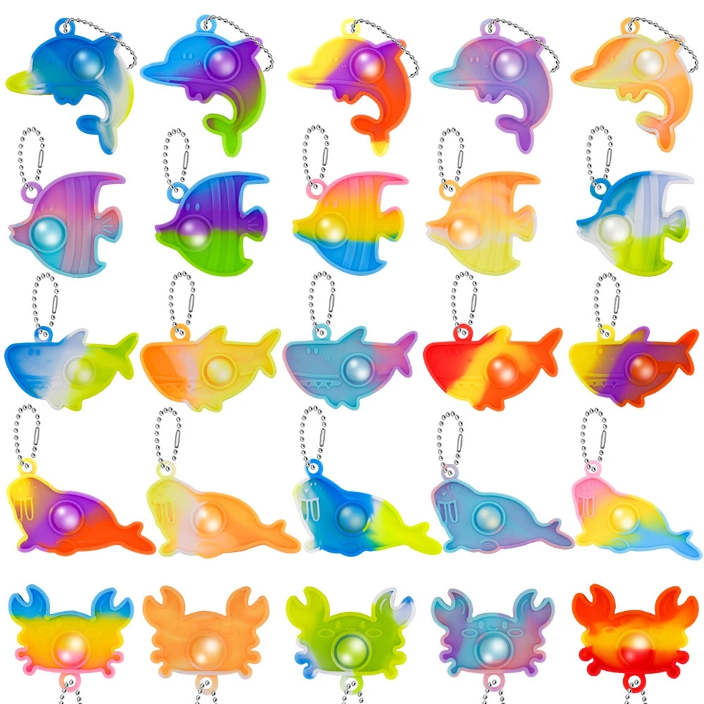 24Pcs Bulk Whale Sea Animal Mini Pop Fidget Keychain Ocean Gradient Dolphin Fish Whale Seal Crab Designs Party Favors Gifts