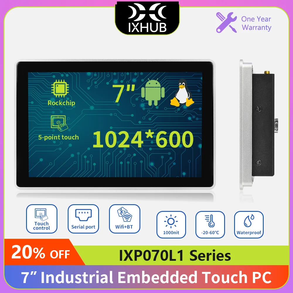 2026 IXHUB 7 Inch Industrial Grade Panel PC IP65 Waterproof HMI IPS Capacitive Touch Panel Android Ubuntu Linux