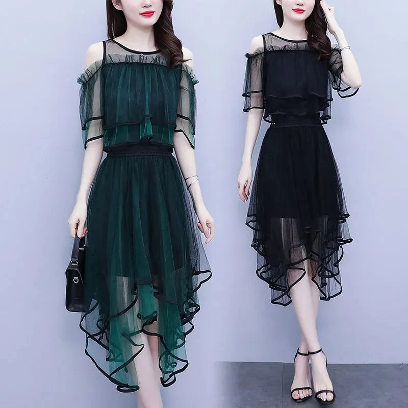 

2023 Summer Thin Large 4XL Women's Fashion Mesh Off Shoulder Top Elastic Waist Skirt Two Piece Set Female Chiffon Splicing Sets