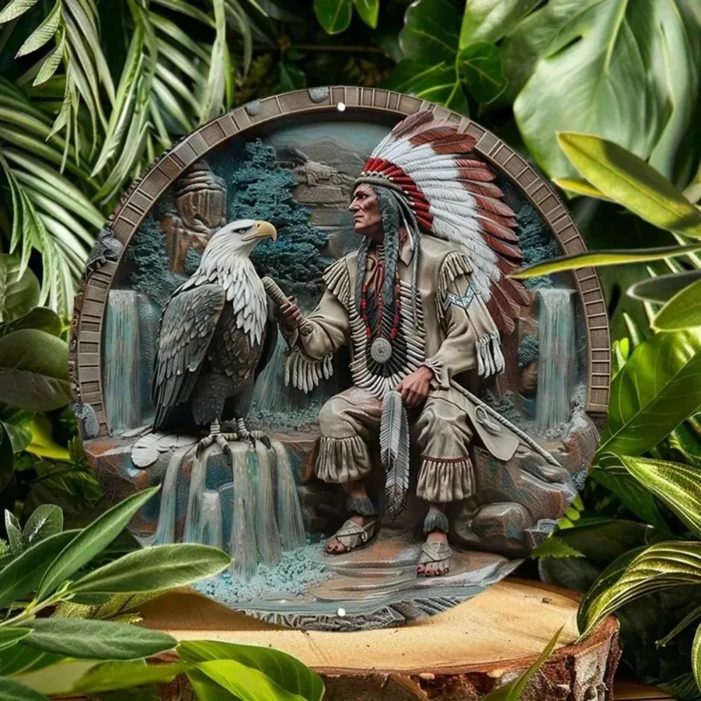 Adler- und indisches Kunstschild aus Aluminium – 20,3 cm runde Metallwanddekoration im Indianer-Stil, 1 Stück, mit vorgebohrten Löchern