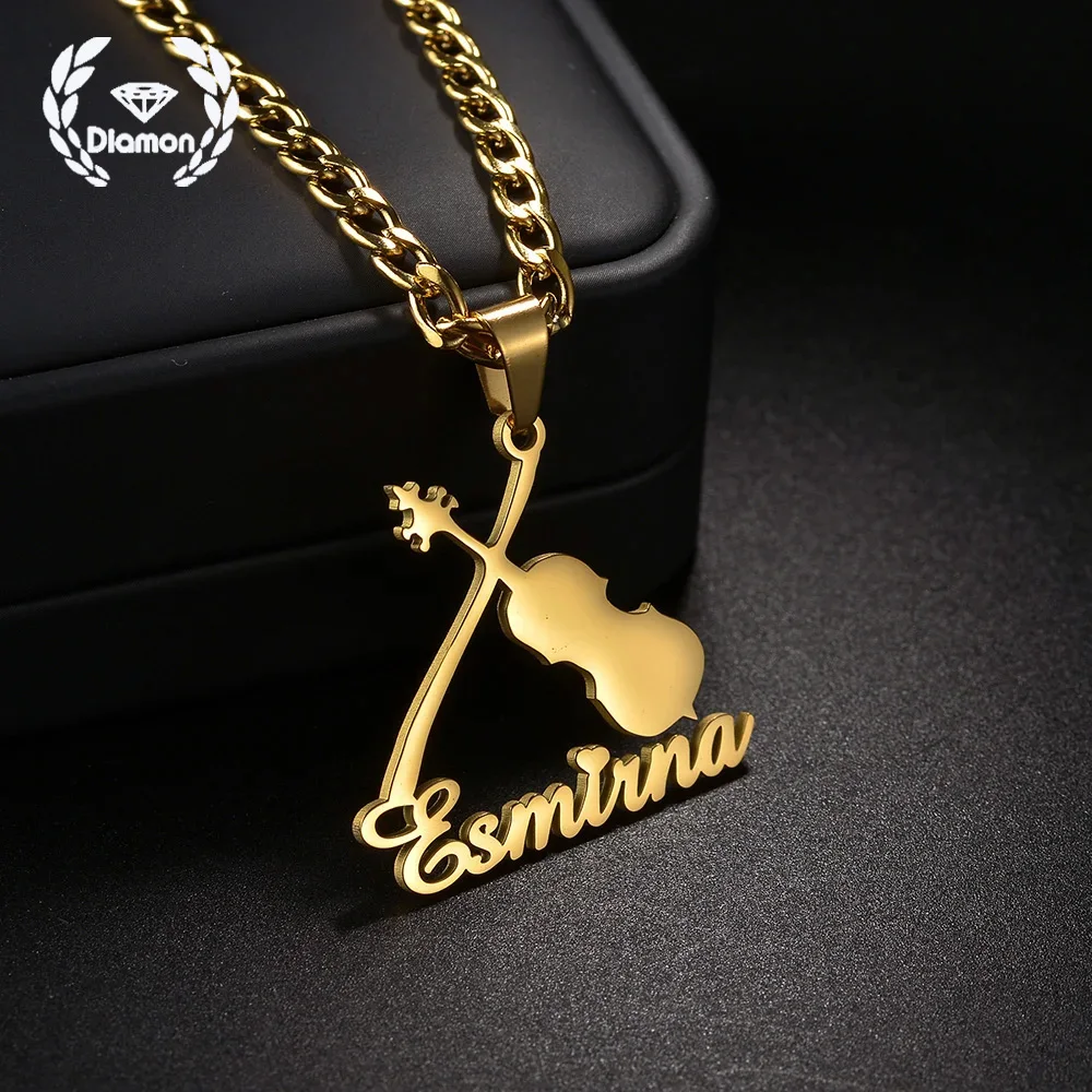 

Diamon Fashion Personalized Custom Name Necklace Stainless Steel Instrument Violin Thick Chain Pendant for Women Jewelry Gift