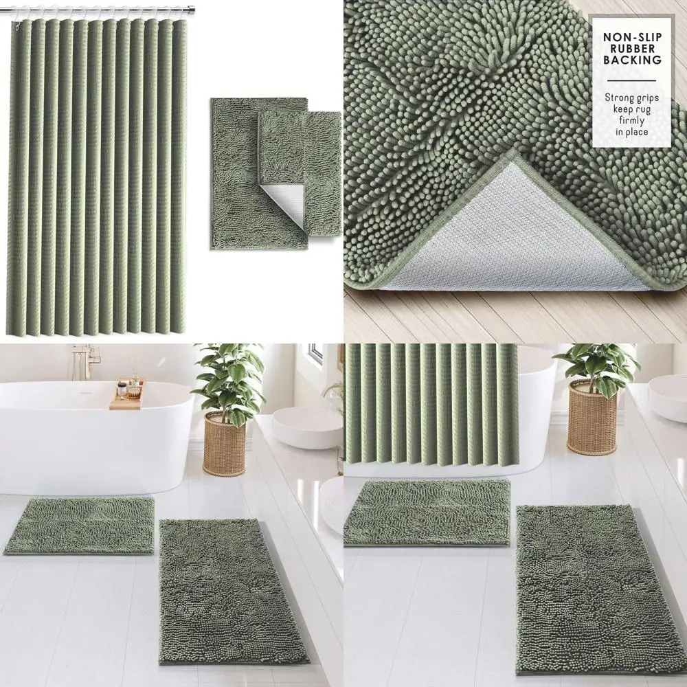 

Modern Sage Green Shower Curtain with Mats - Tub and Stall Sets, Fabric Curtains & 2 Bath Rugs