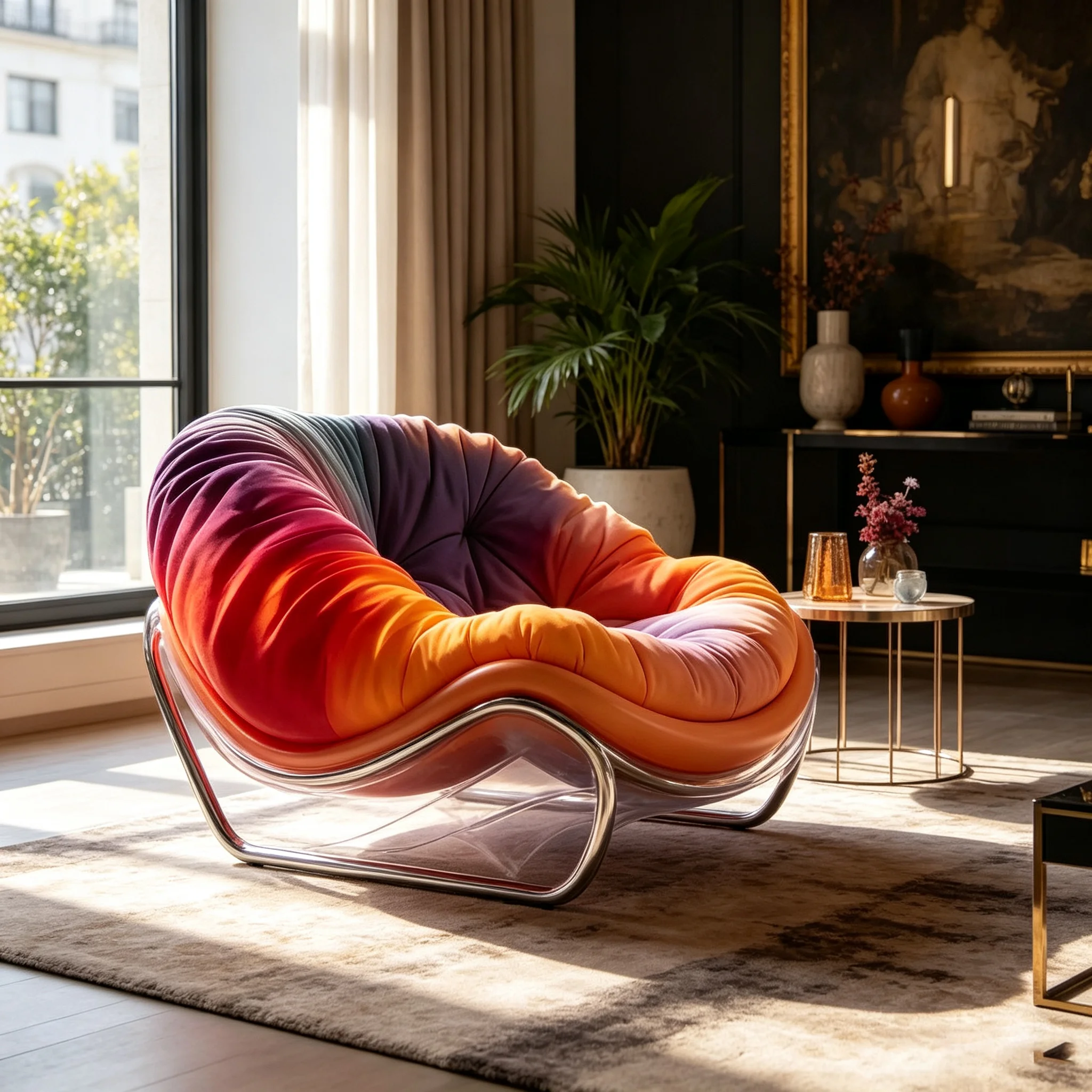 Curved lounge chair fiberglass metal frame, gradual change of fabric