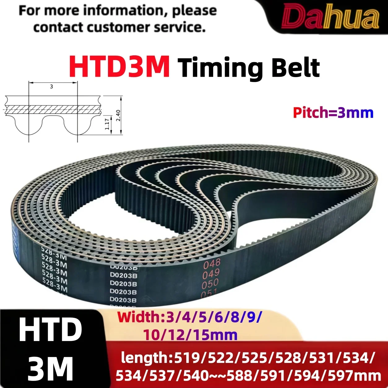 HTD3M Timing Belt Closed Loop Rubber Synchronous Belt 3mm Pitch 519~597mm L 3-15mm W for 3D Printer CNC Laser Engraver Machines