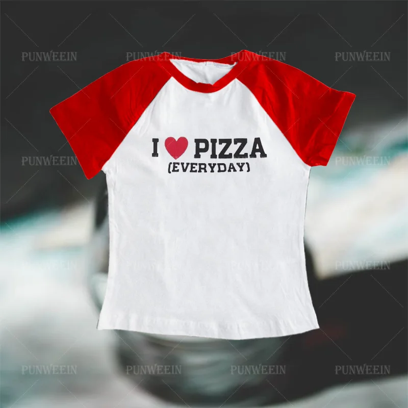 

Vintage Street Y2K Clothes Fashion Women Crop Tops i love pizza Print Baby Tees Emo Short Sleeve Red T-Shirts Sexy US Streetwear