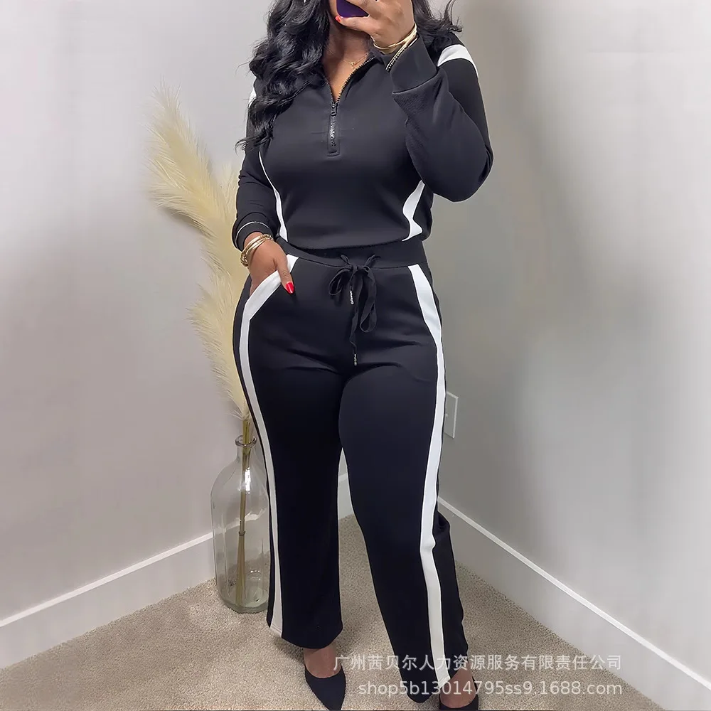 

Женский спортивный комплект из толстовки и брюк с капюшоном на половину молнии и цветными блоками