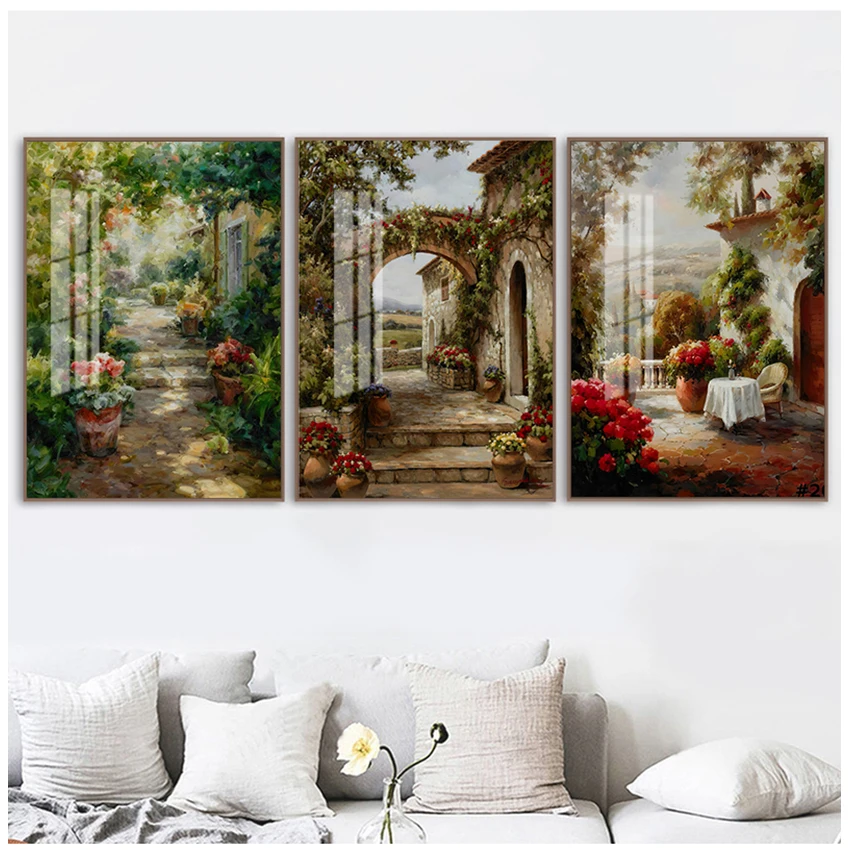 Canvas Wall Picture for Living Room Decor Poster and Prints Abstract Mediterranean Sea Garden Landscape Oil Painting on