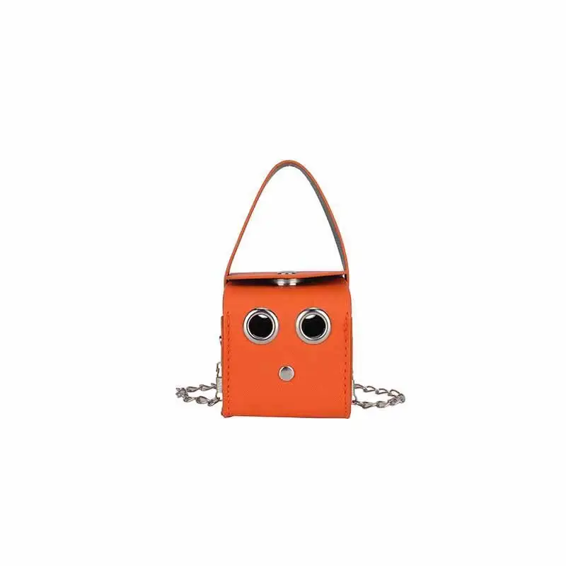 Mini PU Leather Square Bag Cute Cartoon Robot Face Detachable Metal Chain Strap Scratch Resistant for Daily Use