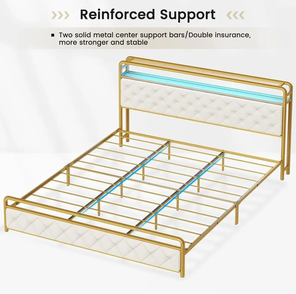 Cama king size Frame com armazenamento cabeceira e luzes LED, estofados plataforma cama