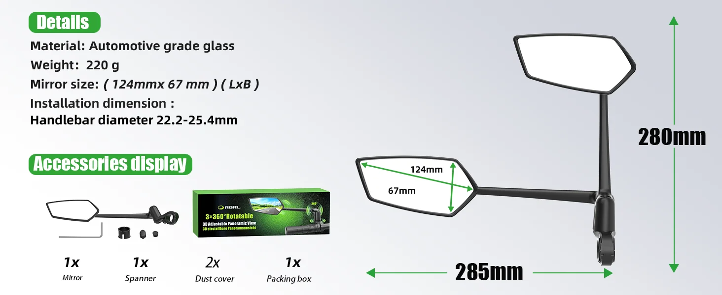 RBRL Wide Angle Bike Mirror Handlebar Ultra Clear Left Right Rearview Mirror with Extended Mirror Arm for Electric Scooter