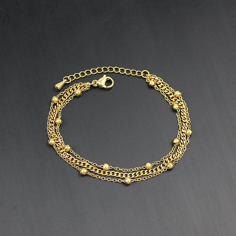 مجوهرات نسائية عالية الجودة خرز معدني ملفوفة سلسلة اليدوية متعدد الطبقات 18k مطلية بالذهب مقاوم للماء سوار الفولاذ المقاوم للصدأ