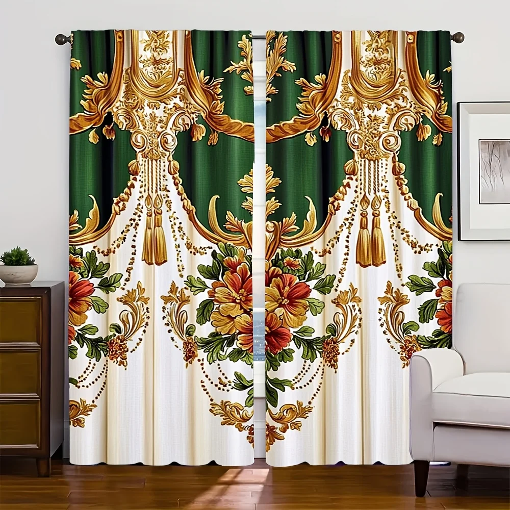2pcs Green Gold Baroque Floral Curtains Peach Skin Polyester Luxury Living Room Bedroom Home Decor