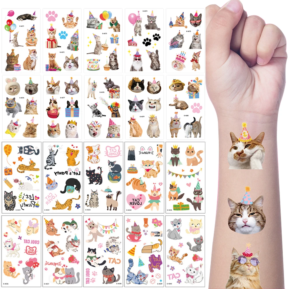 10 hojas de tatuajes de gato bonitos, suministros temporales para fiesta de cumpleaños con temática de gatito, pegatinas de tatuajes de animales para mascotas y niños, niñas y niños