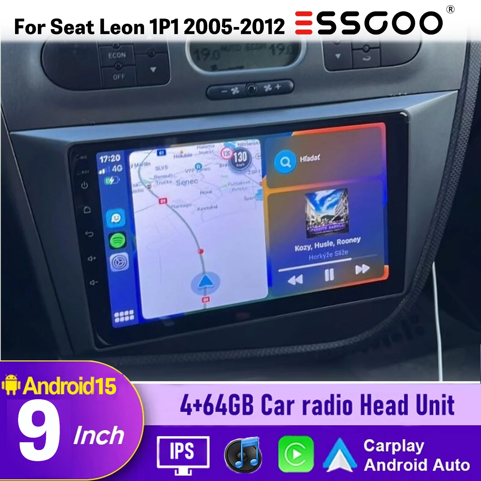 Image of 4GB+64GB Android 15 2 DIN Auto-Multimedia 9' Für Seat Leon 2 MK2 2005-2012 Video-Player Stereo GPS Android 15 2din Carplay Android Auto Autoradio ESSGOO
