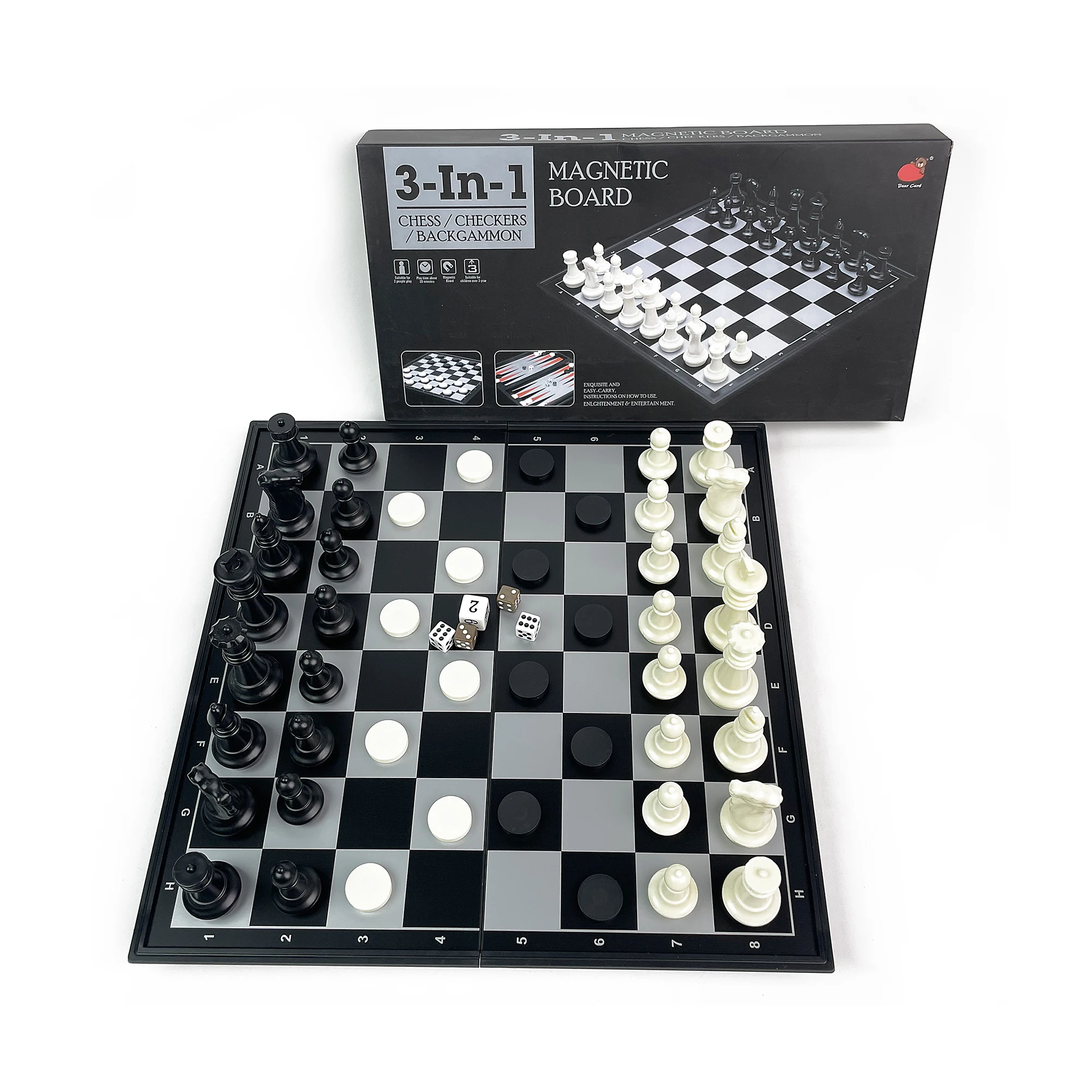 

35.8cm x 36.1cm 3 in 1 Foldable Magnetic Chess Checkers Backgammon Board Game Portable Travel Tabletop Plastic Set