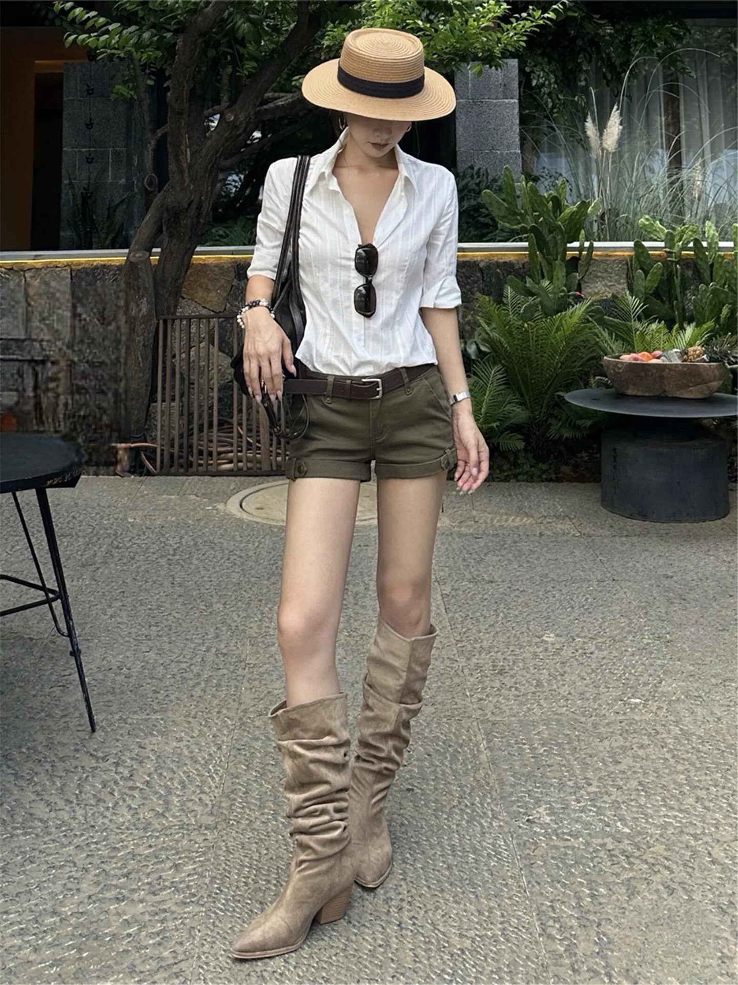 

Street Style Military Green Low Waist Workwear Shorts Women's Summer Slimming Design Casual Jeans Mid-Length Cotton Denim