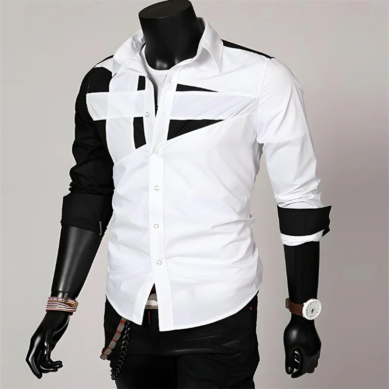 Fashionable men\'s luxury high-quality casual office formal T-shirt shirt splicing black and white colors with popular style tops