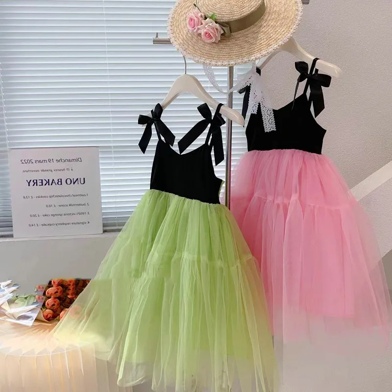 

2022 Summer New Girls Dresses Fashion Kids Outfit Bow Sling Mesh Dress Children'S Clothing Charm Party Princess Evening Vestidos