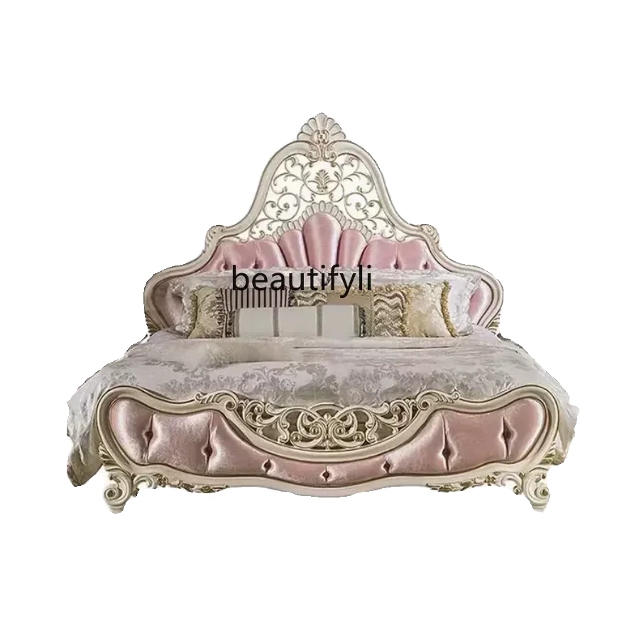 

French princess, carved European double cloth bed, American solid wood pink court wedding bed