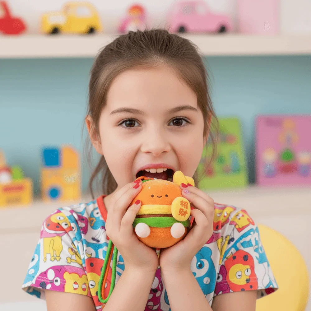 Chaveiro de Pelúcia Exclusivo com Pingente de Hambúrguer da Sorte, Boneco de Pelúcia de Comida com Expressão, Amuleto para Mochila, Presente