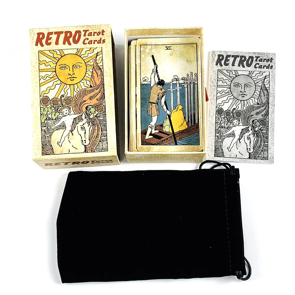 12*7cm Retro Tarot Deck In Sliding Rigid Gift Box 78 Vintage Cards Divination Board Game with Guidebook and Drawstring Pouch