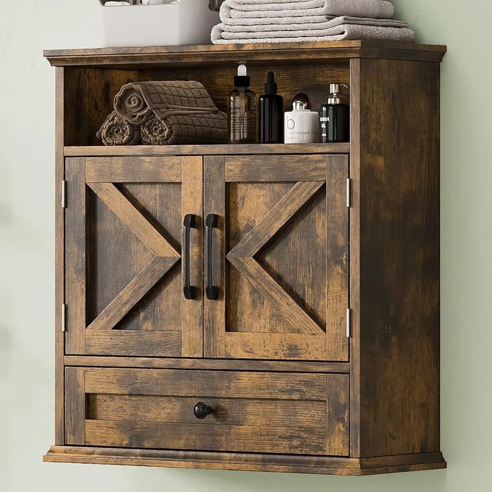 Bathroom Wall Cabinet with Drawer Adjustable Shelf Barn Door 24x24 Over Toilet Farmhouse Brown Kitchen Entryway