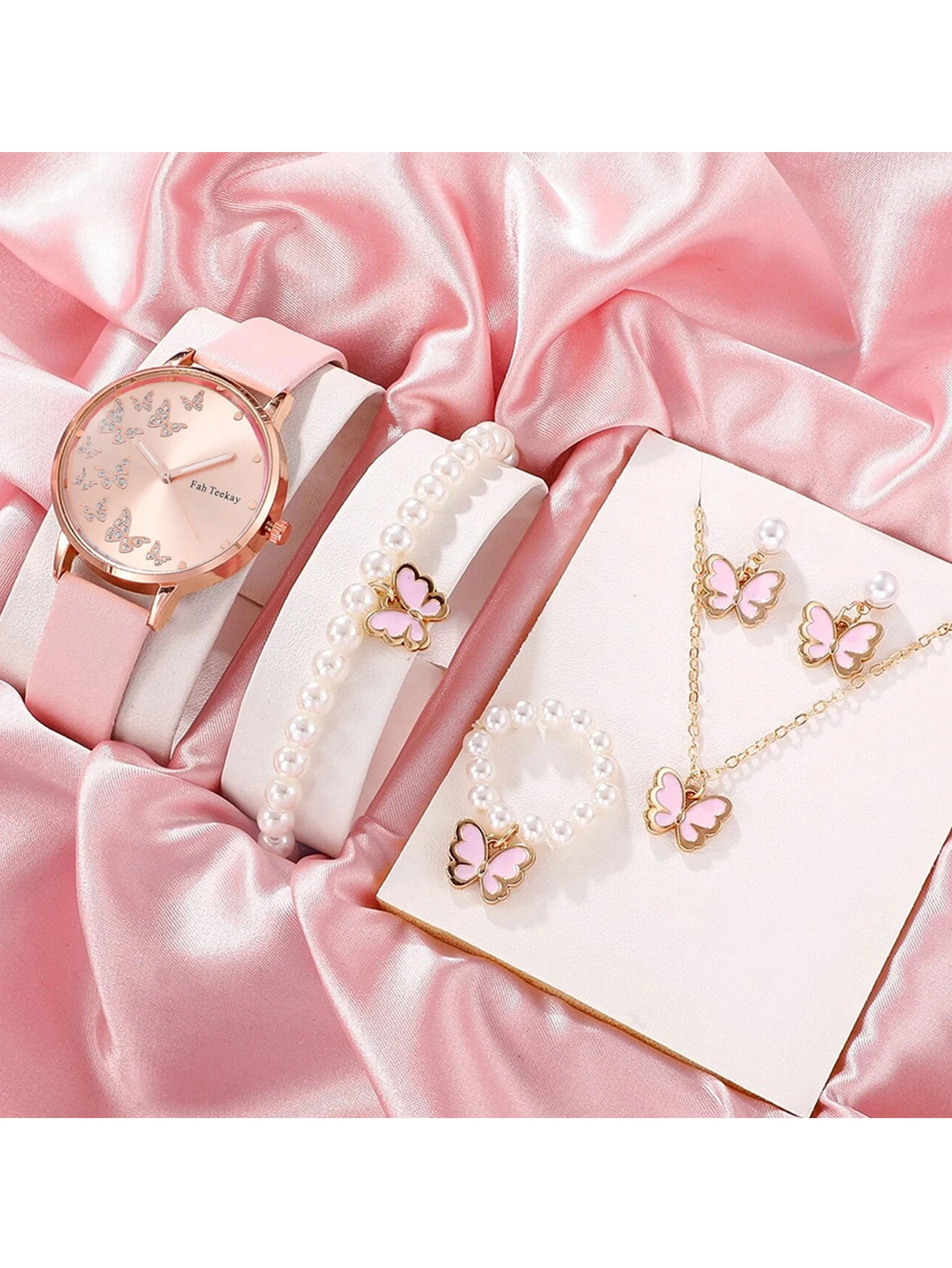 Exquisite Diamond Butterfly Dial Belt Quartz Watch + Fashion Butterfly Bracelet Set