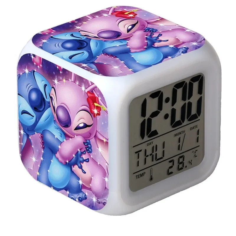 Disney Animation Stitch Alarm Clock LED Color Changing Digital Light Cartoon Lilo&Stitch Fashion Night Light Clock Birthday Gift