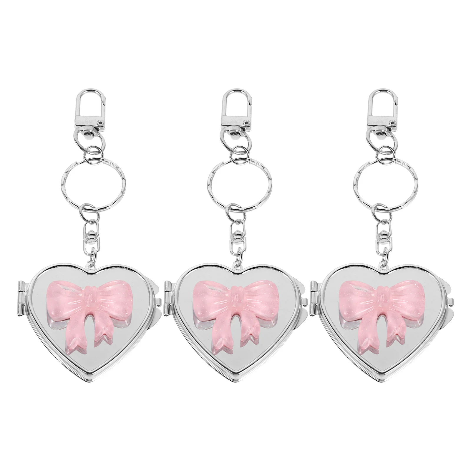 3개 세트 하트 모양 거울 키체인 우아한 리본 콤팩트 메이크업 거울 휴대용 여행용 화장 거울 장식 키체인