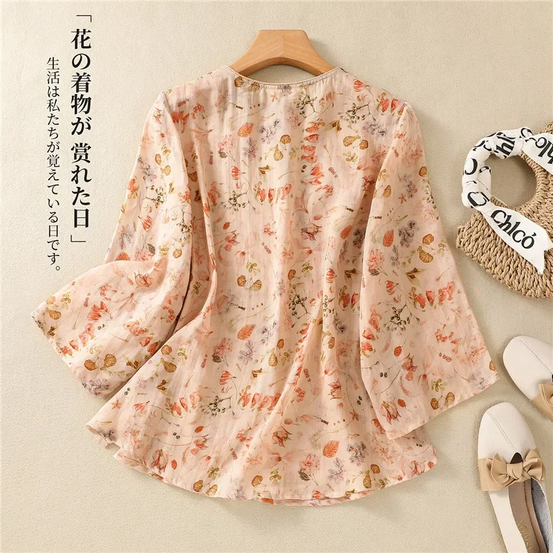 Retro Literary Printed Blouse Women Slanted Collar Buckle Floral Shirt Autumn Long Sleeve Loose Chinese Style Women Tops