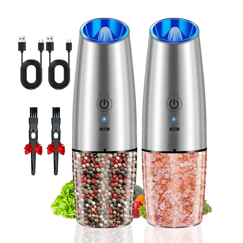 

AA76-2PCS Electric Salt And Pepper Grinder Set USB Rechargeable Pepper Mills With LED Light Automatic Spice Grinders Stainless S