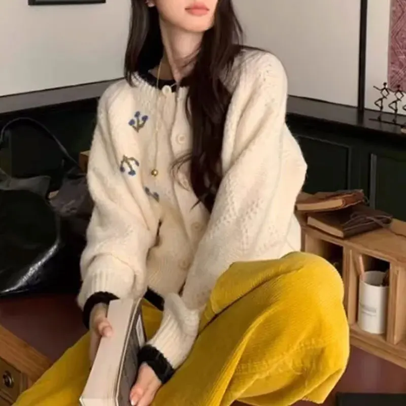 

Women's Clothing Gentle Hook Flower Cardigan Knitted Vintage Autumn Winter Contrasting Colors Patchwork Casual Loose Sweaters